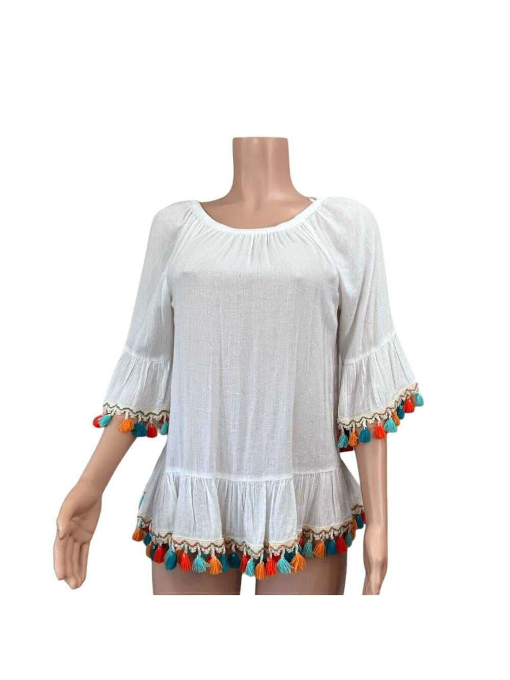 Crown & ivy White Boho Chic Bell Sleeve Tassel Hem Blouse